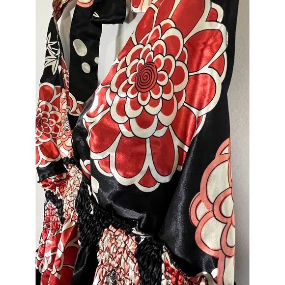 Retro Floral Halter Peplum Top L Black Artsy Funky Y2K Boho Western Colorful 80s - Picture 6 of 11